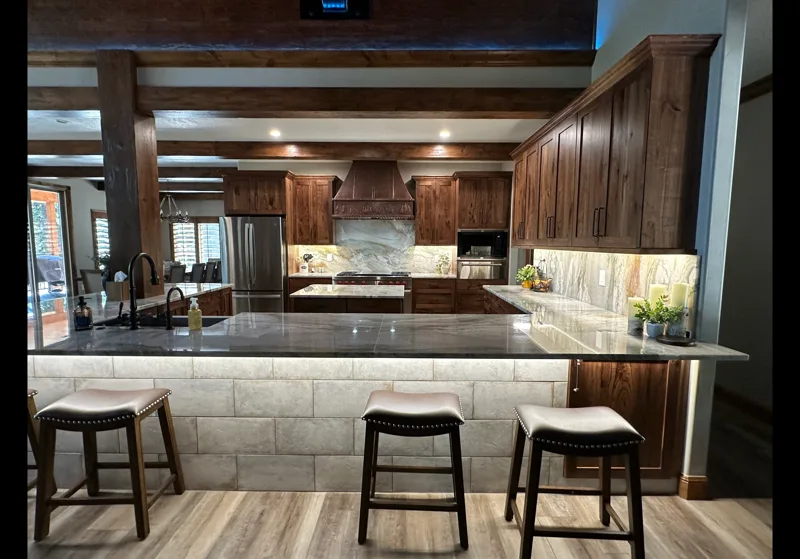 Rustic beam kitchen & bar — custom cabinetry by Cozzens Cabinets, photo 1